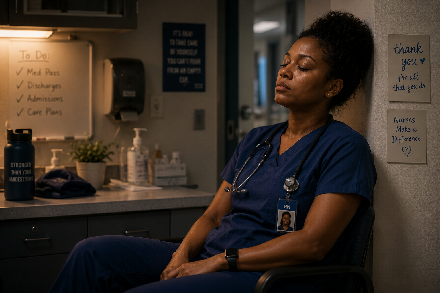 a female nurse resting in a quiet moment