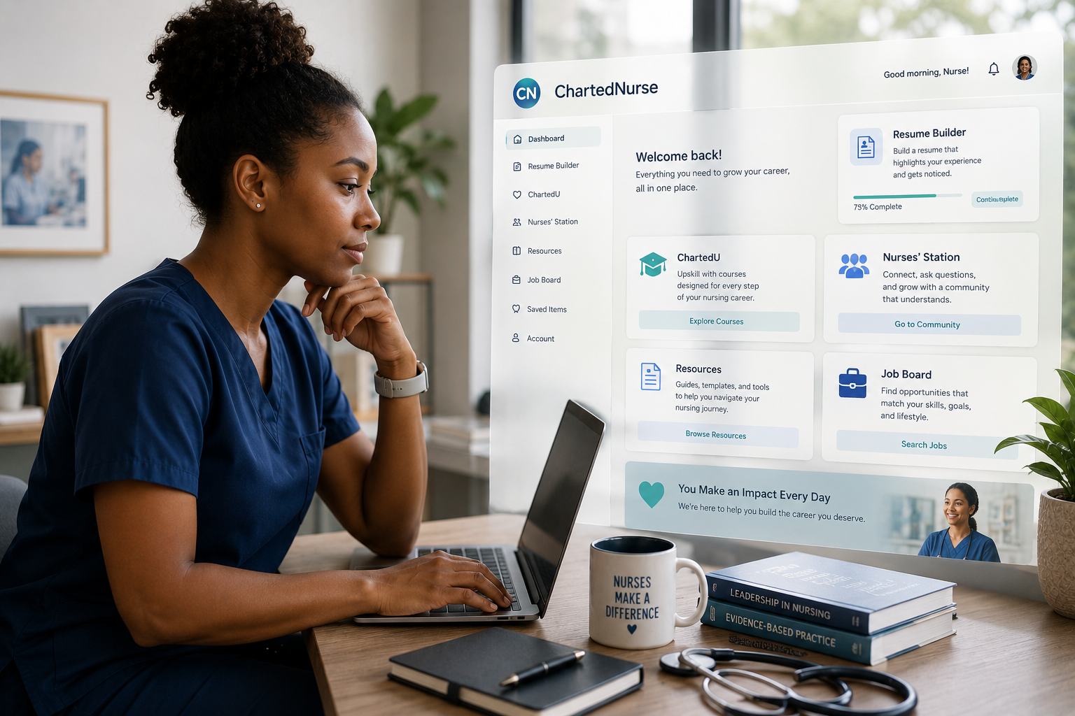 Focused nurse working with ChartedNurse interface
