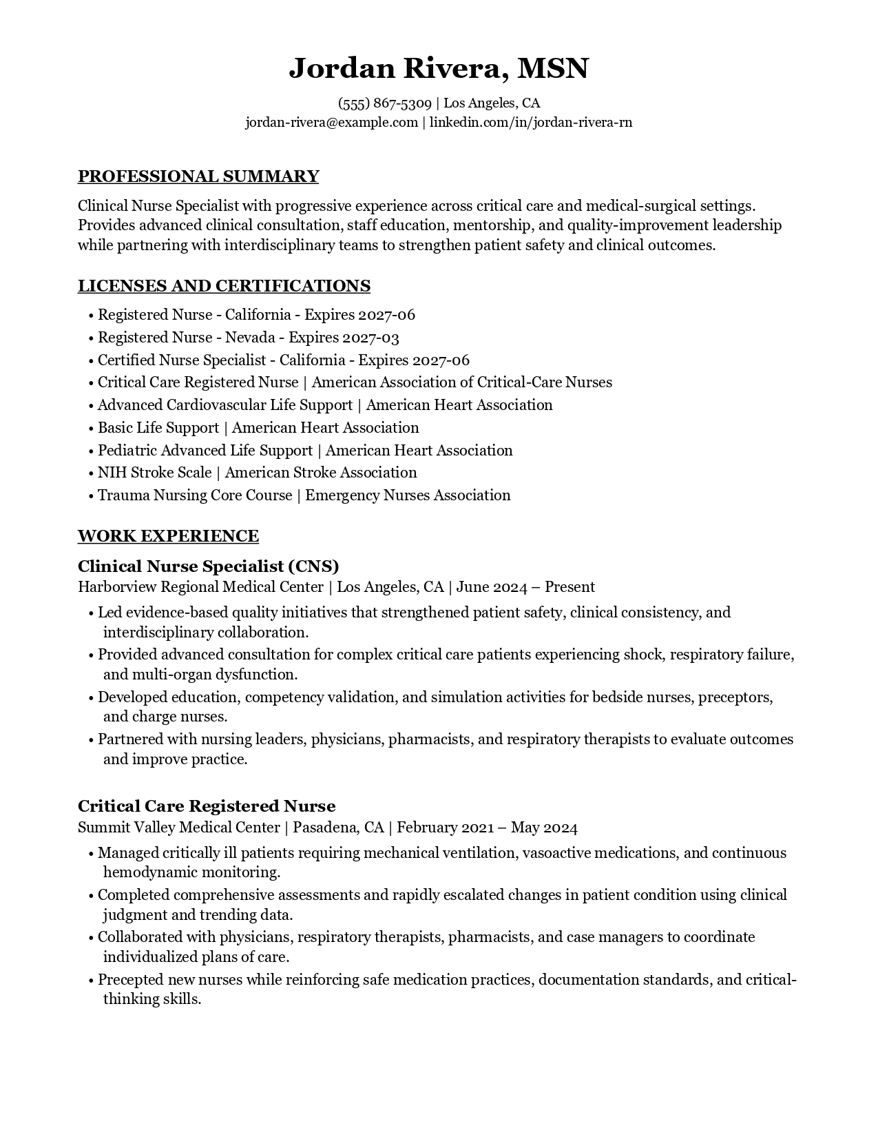 Clinical Classic resume template preview