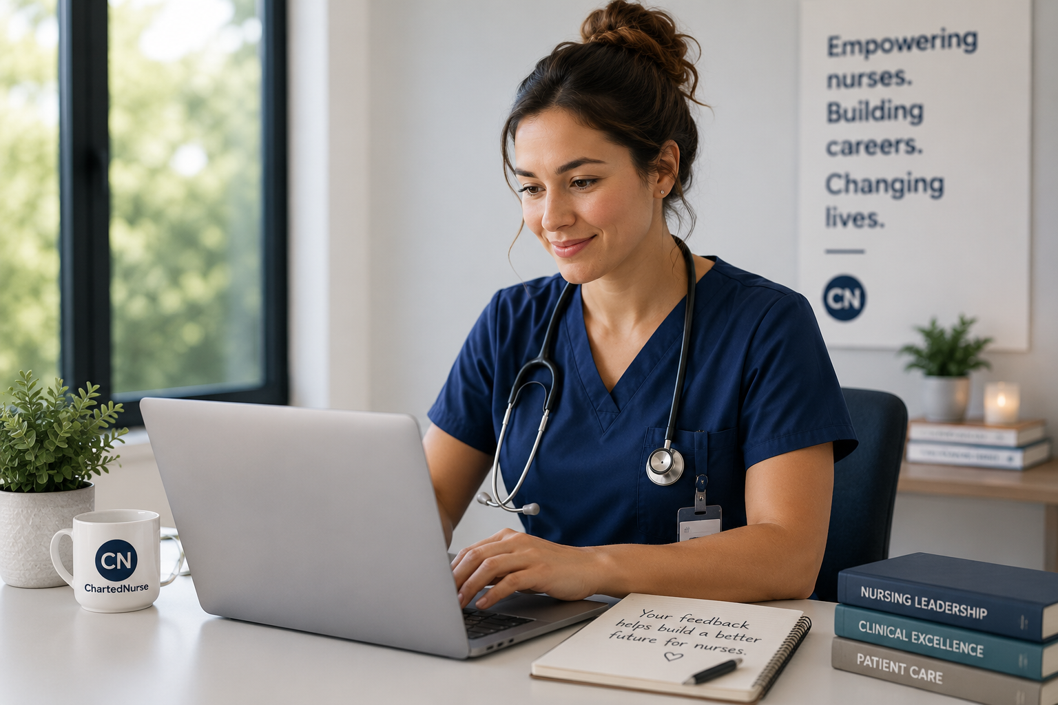 A nurse looking at her laptop